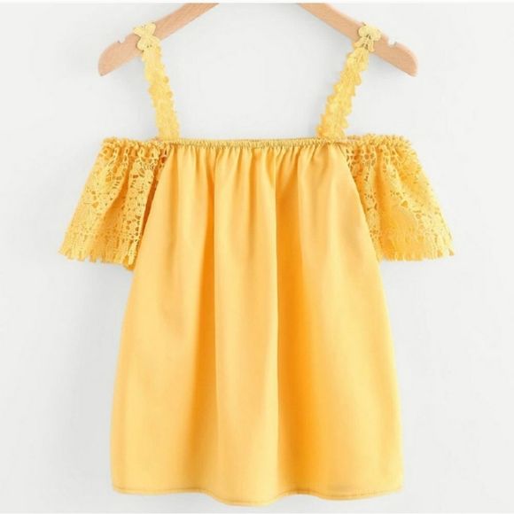 no brand Tops - Yellow Off Shoulder Spaghetti Strap Lace Top
